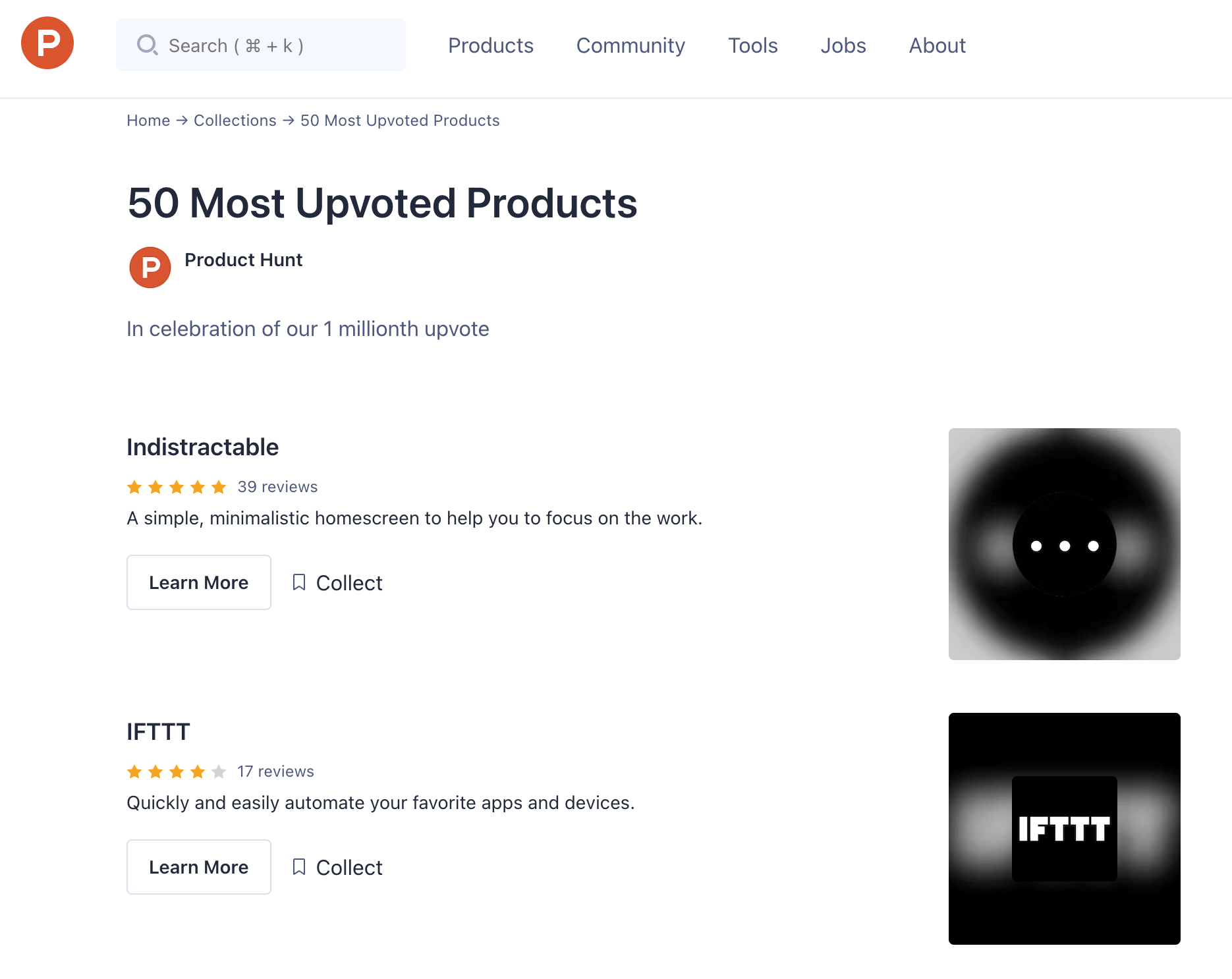 Most Upvoted Products on product hunt