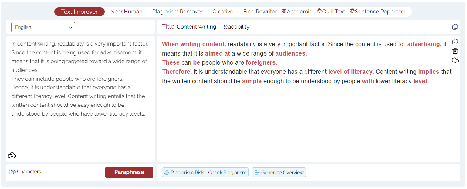 Paraphrasing tool