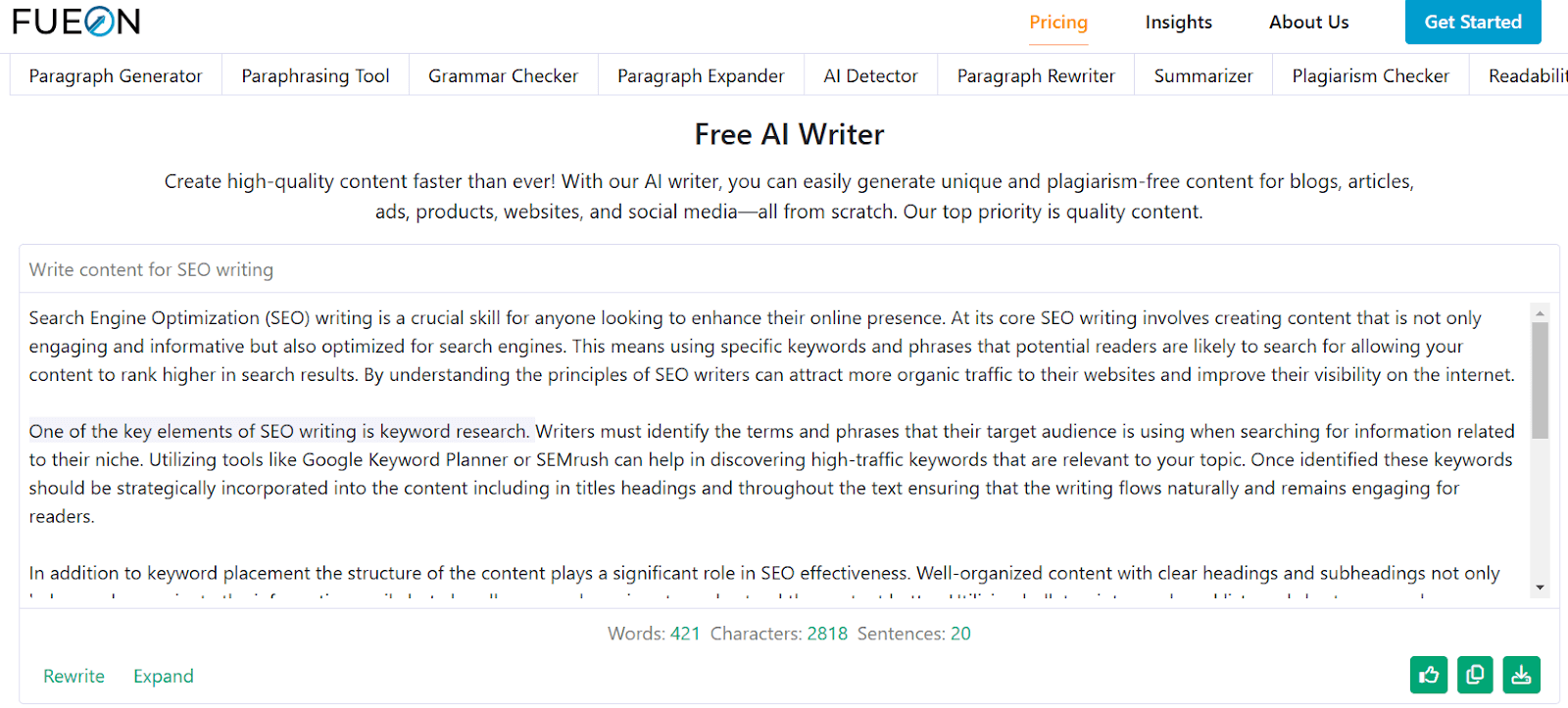 Fueon's AI writer