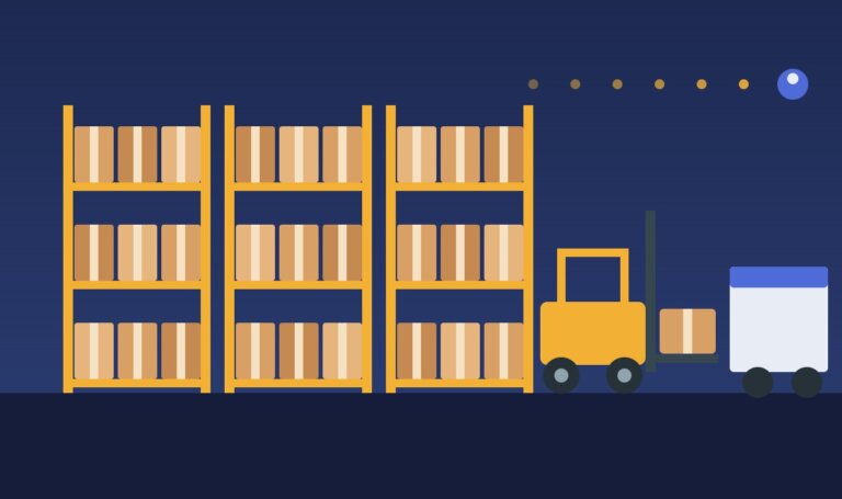 Flat illustration of warehouse racking, a forklift and a delivery truck
