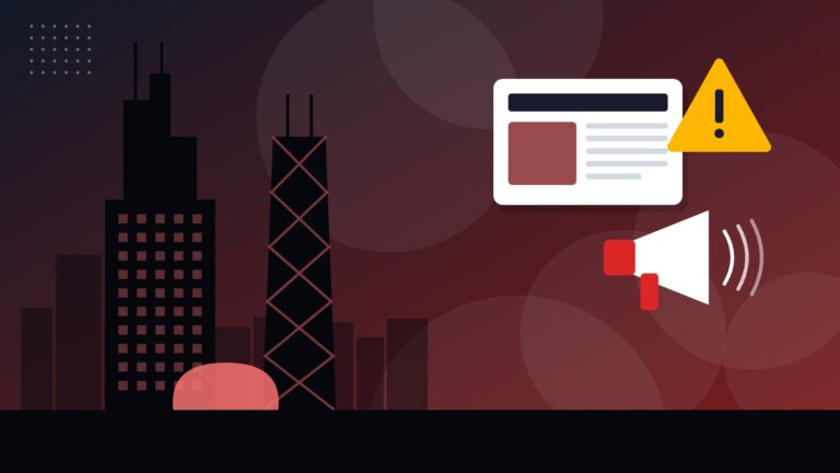 Flat illustration of the Chicago skyline with crisis communication icons