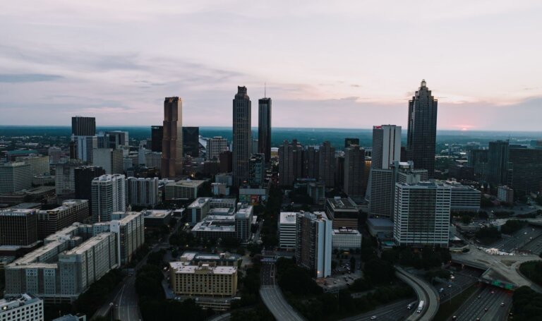 Aerial view of the Atlanta skyline at sunset