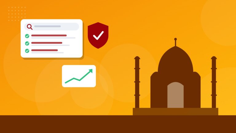 Flat illustration of the Taj Mahal with online reputation icons