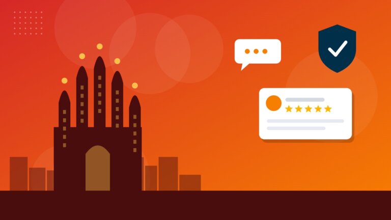 Flat illustration of the Sagrada Familia with online reputation icons