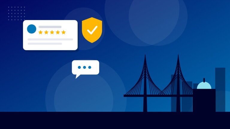 Flat illustration of the Zakim Bridge and State House dome with online reputation icons