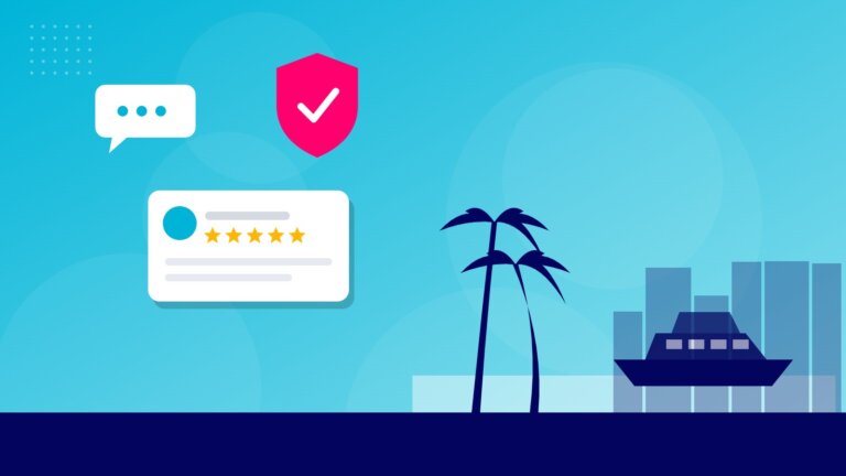 Flat illustration of Fort Lauderdale beach palms and a yacht with online reputation icons