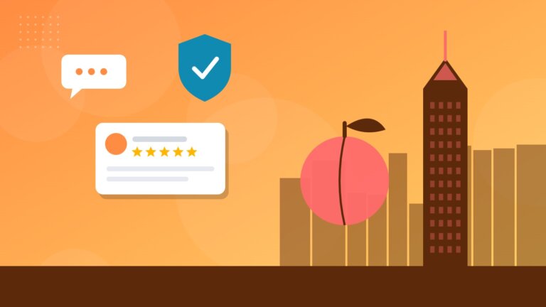 Flat illustration of a Georgia peach and Atlanta tower with online reputation icons