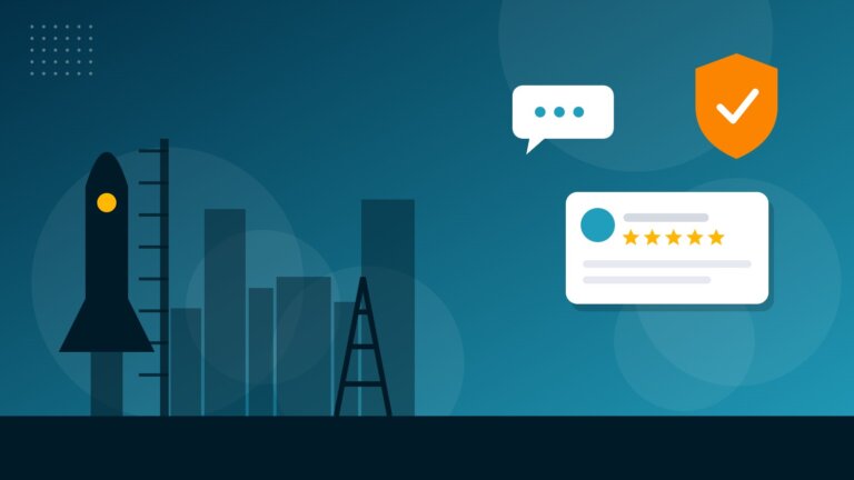 Flat illustration of a Houston rocket and skyline with online reputation icons