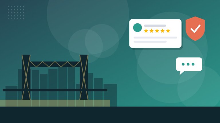 Flat illustration of the Main Street Bridge with online reputation icons