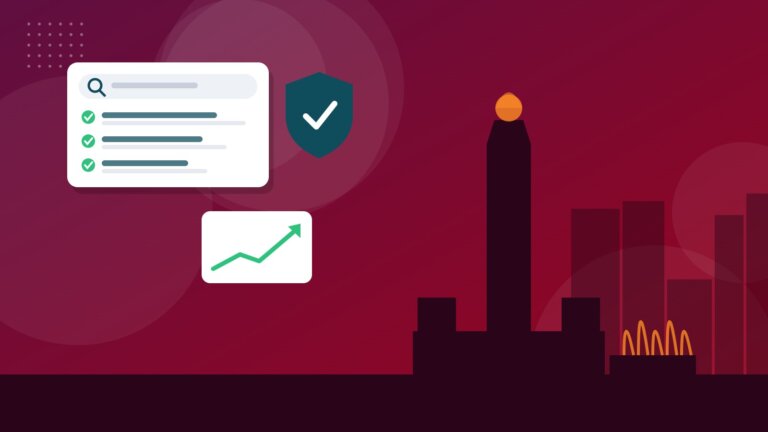 Flat illustration of Liberty Memorial and fountains with online reputation icons