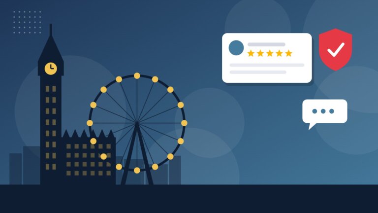 Flat illustration of Elizabeth Tower and the London Eye with online reputation icons