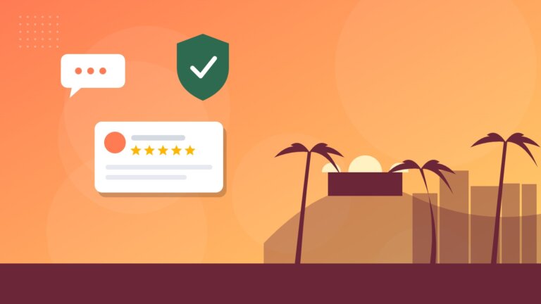 Flat illustration of Los Angeles hills, observatory and palm trees with online reputation icons