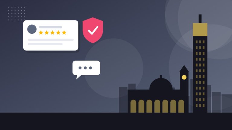 Flat illustration of Flinders Street Station and Eureka Tower with online reputation icons