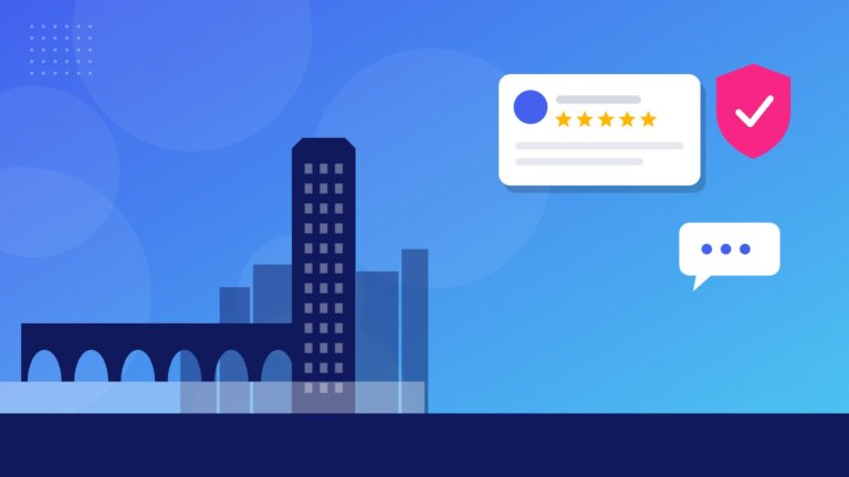 Flat illustration of the Stone Arch Bridge and IDS Center with online reputation icons