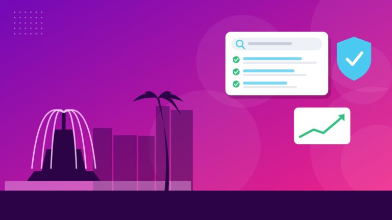 Flat illustration of Lake Eola fountain and palms with online reputation icons