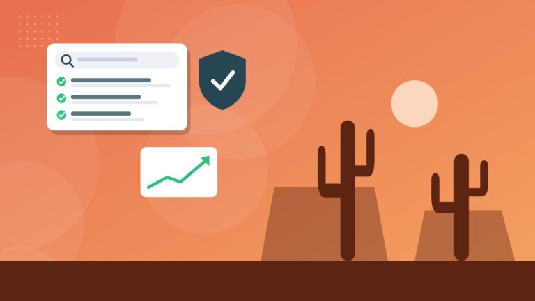 Flat illustration of saguaro cacti and desert mesas with online reputation icons