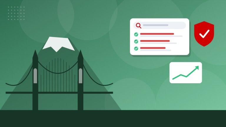 Flat illustration of Mount Hood and St. Johns Bridge with online reputation icons