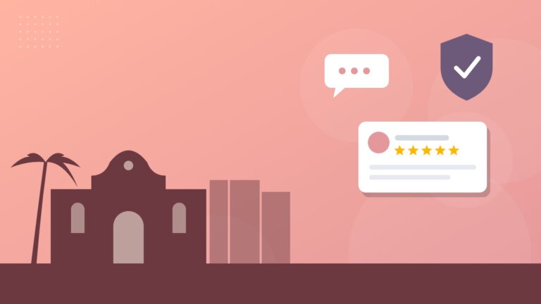 Flat illustration of the Alamo with online reputation icons
