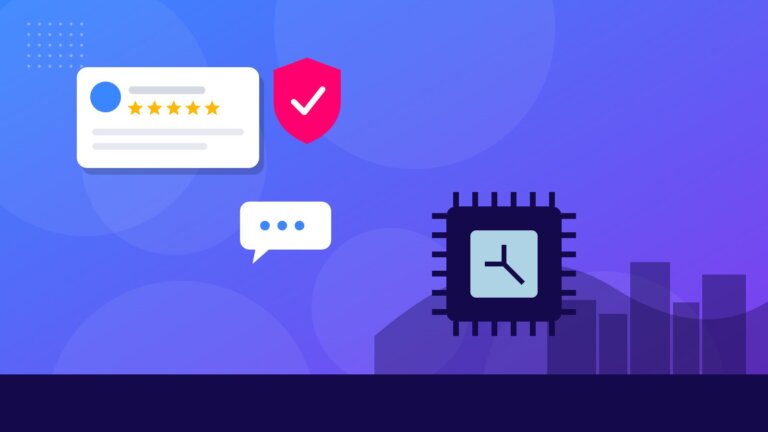 Flat illustration of a microchip and Silicon Valley hills with online reputation icons