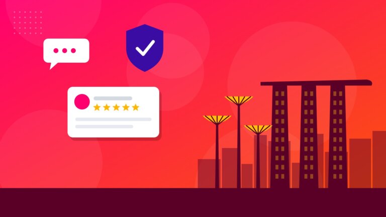 Flat illustration of Marina Bay Sands and Supertrees with online reputation icons