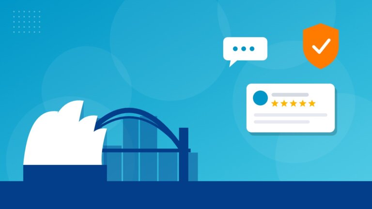 Flat illustration of Sydney Opera House and Harbour Bridge with online reputation icons