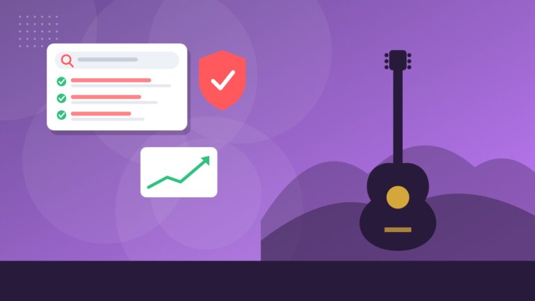 Flat illustration of a guitar and the Smoky Mountains with online reputation icons