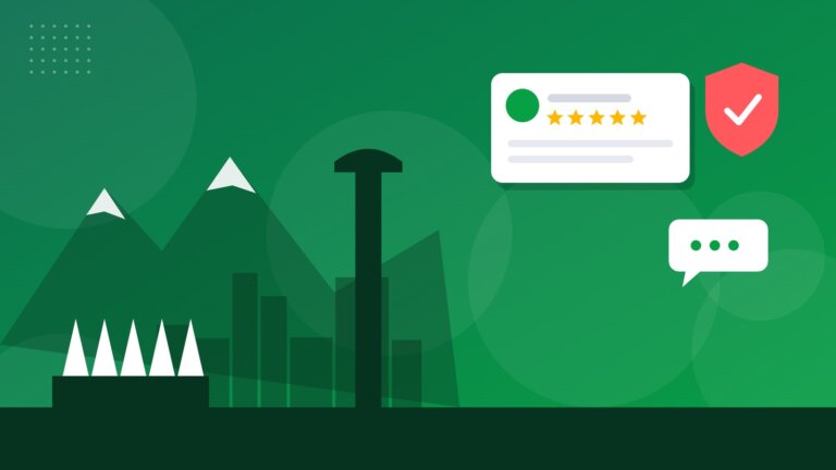 Flat illustration of Vancouver mountains, Harbour Centre and Canada Place with online reputation icons
